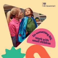 A woman looking at a young boy in a superhero costume. Words saying 'superheroes need sidekicks, that's where you fly in.' is above them. Below them it says 'Do something BIG. Work with small children'.