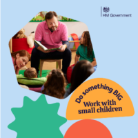 A man sat on a stool reading a book to children sat on the floor. Below them it says 'Do something BIG. Work with small children'.