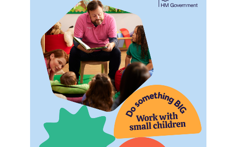 A man sat on a stool reading a book to children sat on the floor. Below them it says 'Do something BIG. Work with small children'.