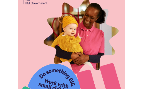 A smiling woman holding a baby. Below them it says 'Do something BIG. Work with small children'.
