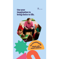 A man sat on a stool reading a book to children sat on the floor. Below them it says 'Do something BIG. Work with small children'.