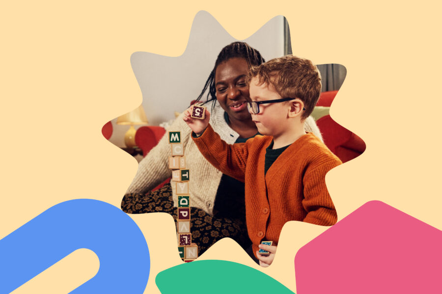 In the shape of a star-shaped building block for children, is a photo of a woman and a child playing with blocks in a living room.