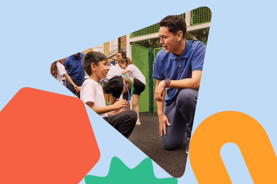 In the shape of a triangle-shaped building block for children, is a photo of a man kneeling with a child during sports activities in a playground.