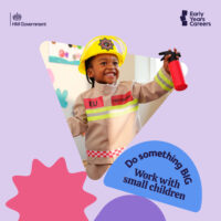 A little boy is dressed as a fireman, smiling. The caption says" Eli recommends a career change. This week he's gone from pop star to firefighter".