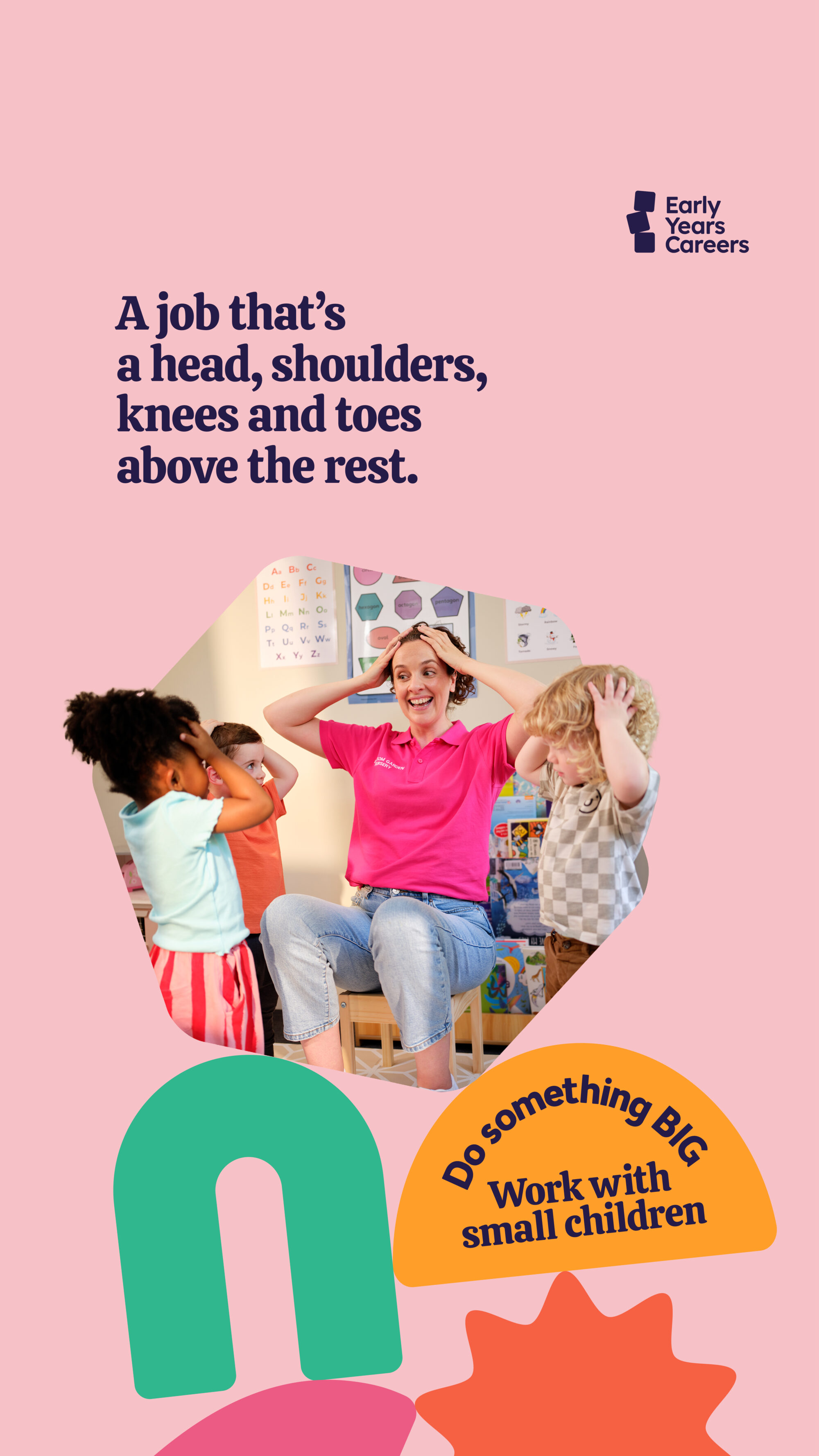 Female early years staff member playing the "head shoulders, knees and toes" game with three toddles doing the actions with her. Everyone is smiling and have their hands on their heads.